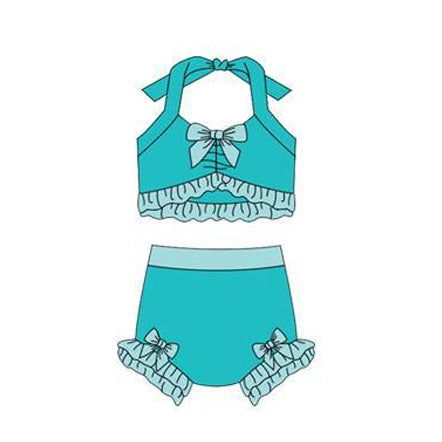 12.13 S0686 Pre order No Moq Baby Girls Aqua Strap Vest Bows Bummies 2 Pieces Swimsuits