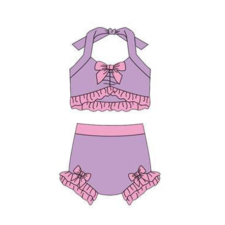12.13 S0687 Pre order No Moq Baby Girls Lavender Strap Vest Bows Bummies 2 Pieces Swimsuits