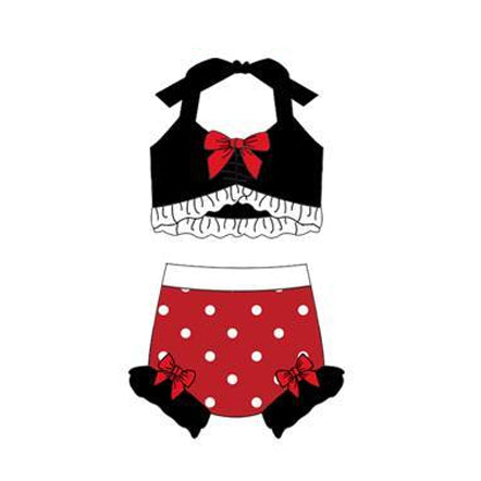 12.13 S0688 Pre order No Moq Baby Girls Black Red Polka Dots Strap Vest Bows Bummies 2 Pieces Swimsuits