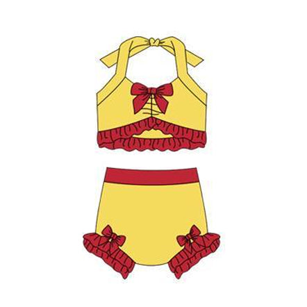 12.13 S0689 Pre order No Moq Baby Girls Yellow Red Strap Vest Bows Bummies 2 Pieces Swimsuits