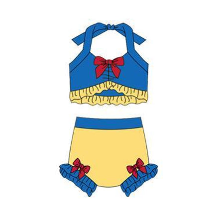 12.13 S0690 Pre order No Moq Baby Girls Blue Yellow Strap Vest Bows Bummies 2 Pieces Swimsuits