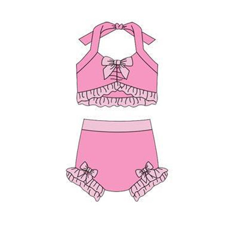 12.13 S0691 Pre order No Moq Baby Girls Pink Strap Vest Bows Bummies 2 Pieces Swimsuits