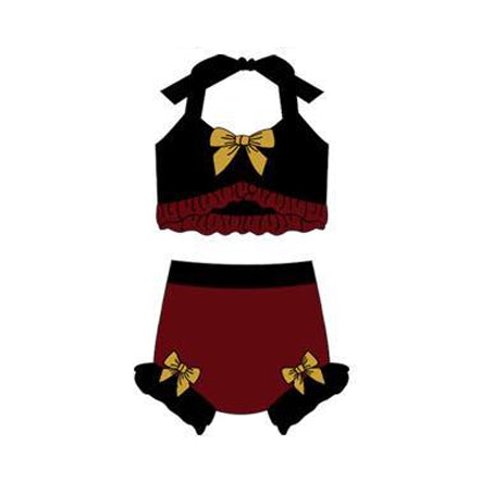 12.13 S0692 Pre order No Moq Baby Girls Dark Red Black Strap Vest Bows Bummies 2 Pieces Swimsuits