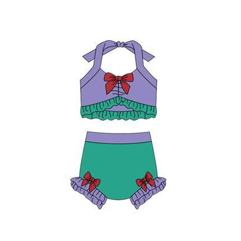 12.13 S0695 Pre order No Moq Baby Girls Purple Green Strap Vest Bows Bummies 2 Pieces Swimsuits