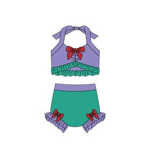 12.13 S0695 Pre order No Moq Baby Girls Purple Green Strap Vest Bows Bummies 2 Pieces Swimsuits