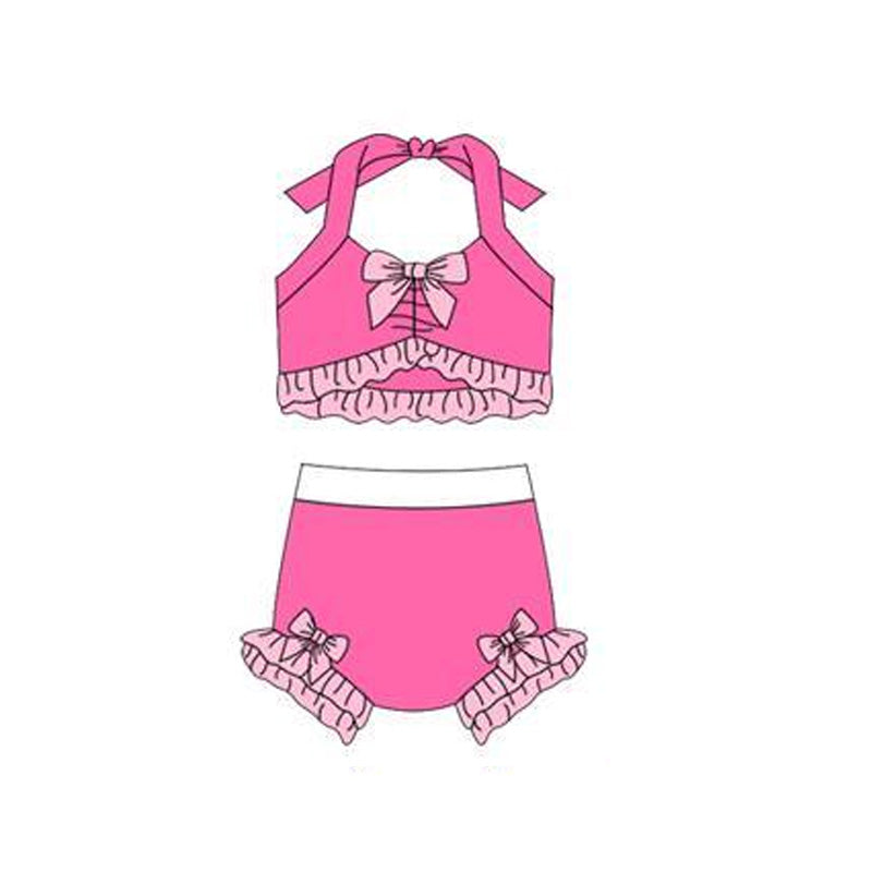 12.13 S0696 Pre order No Moq Baby Girls Hot Pink Strap Vest Bows Bummies 2 Pieces Swimsuits