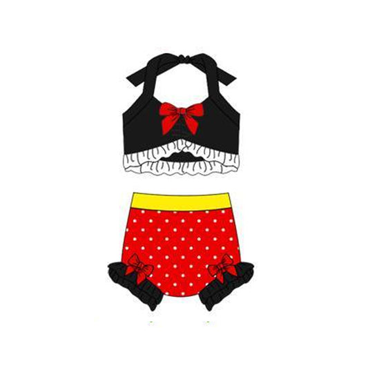 12.13 S0697 Pre order No Moq Baby Girls Black Red Polka Dots Strap Vest Bows Bummies 2 Pieces Swimsuits