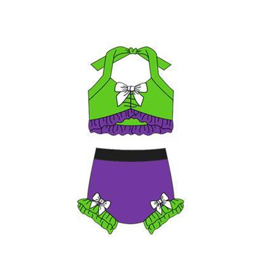 12.13 S0699 Pre order No Moq Baby Girls Green Purple Strap Vest Bows Bummies 2 Pieces Swimsuits