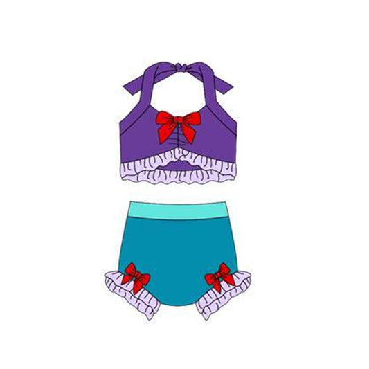12.13 S0700 Pre order No Moq Baby Girls Purple Blue Strap Vest Bows Bummies 2 Pieces Swimsuits