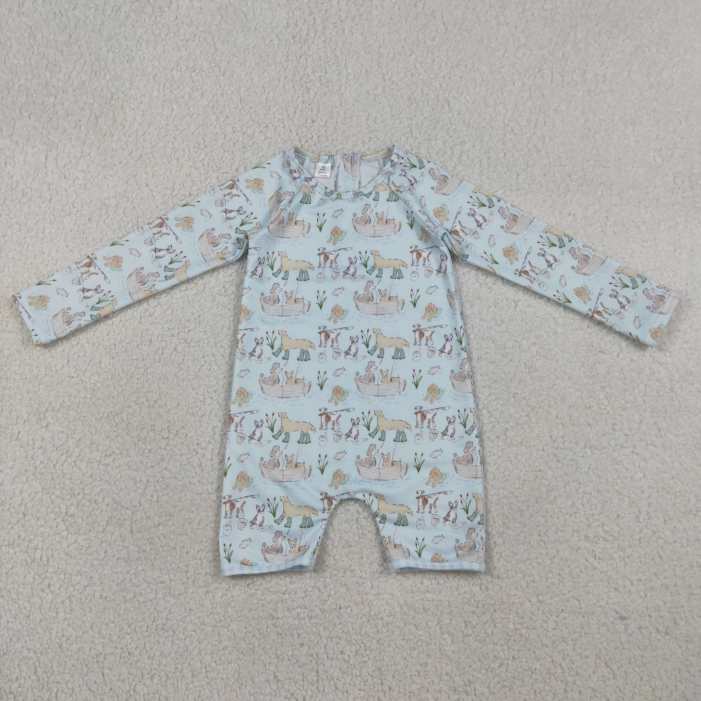 3.26 RTS NO MOQ （In stock）S0701 Children's Fashion Romper Baby Boys Long Sleeve Blue Dogs Fishing Back Zipper Hunting Swimsuits
