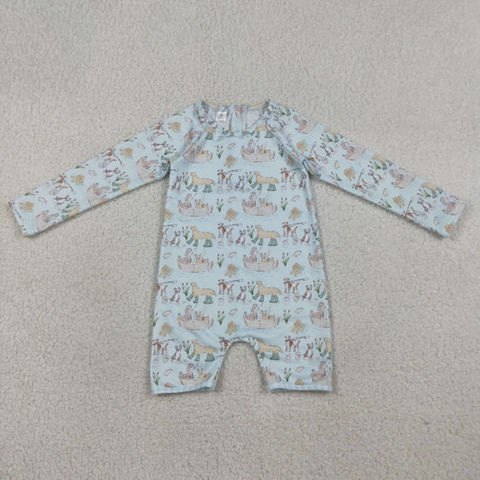 3.26 RTS NO MOQ （In stock）S0701 Children's Fashion Romper Baby Boys Long Sleeve Blue Dogs Fishing Back Zipper Hunting Swimsuits