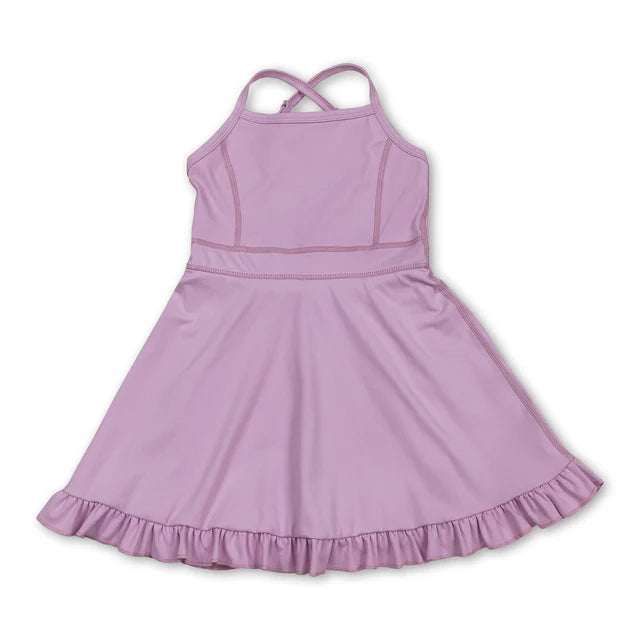 USA Warehouse (IN STOCK) Baby girls Solid color Straps floral ruffle athletic dresses and swimsuit set