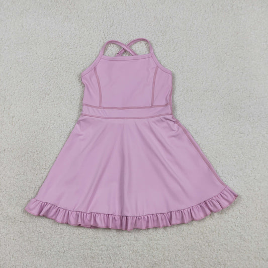 3.6 RTS NO MOQ （In stock）S0712 Kids Fashion Clothes Baby Girls Lavender Strap Yoga Ruffle Active Shorts Knee Length Dresses
