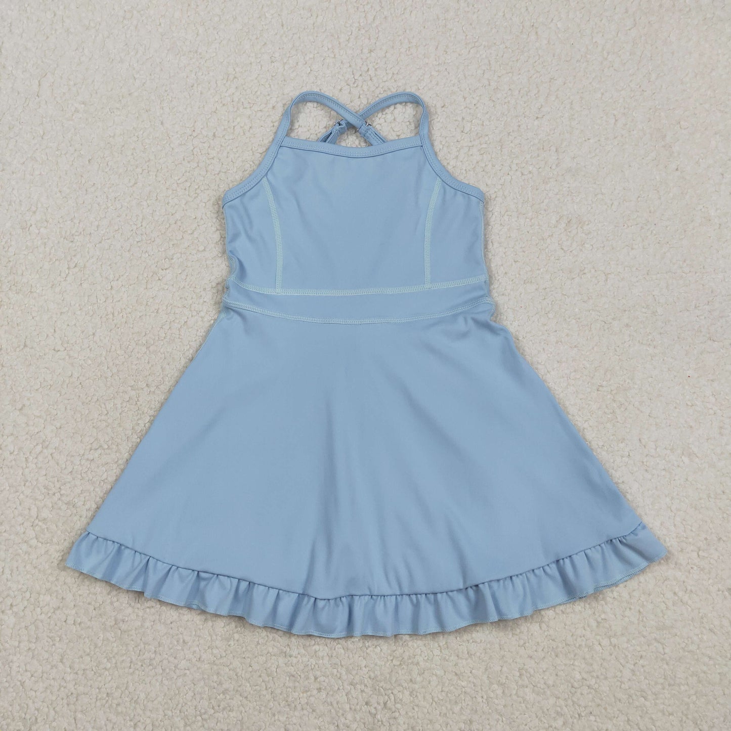 3.10 RTS NO MOQ （In stock）S0713 Kids Fashion Clothes Baby Girls Sleeveless Light Blue Strap Yoga Active Shorts Ruffle Knee Length Dresses