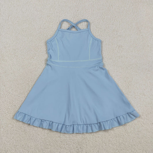 3.10 RTS NO MOQ （In stock）S0713 Kids Fashion Clothes Baby Girls Sleeveless Light Blue Strap Yoga Active Shorts Ruffle Knee Length Dresses
