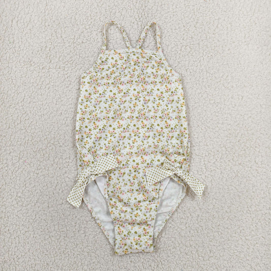 S0723 RTS NO MOQ （In stock ）Straps floral bow baby girls one piece summer swimsuit