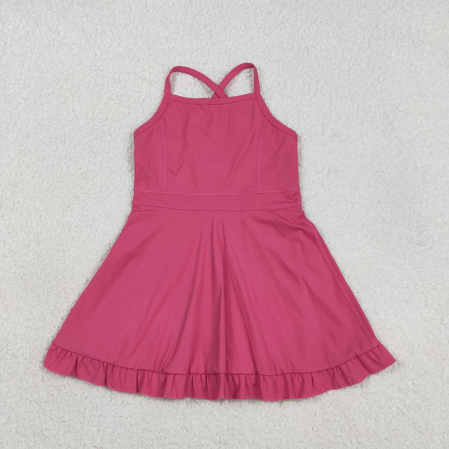 3.11 RTS NO MOQ （In stock）S0727 Kids Fashion Clothes Baby Girls Hot Pink Strap Yoga Active Shorts Ruffle Knee Length Dresses