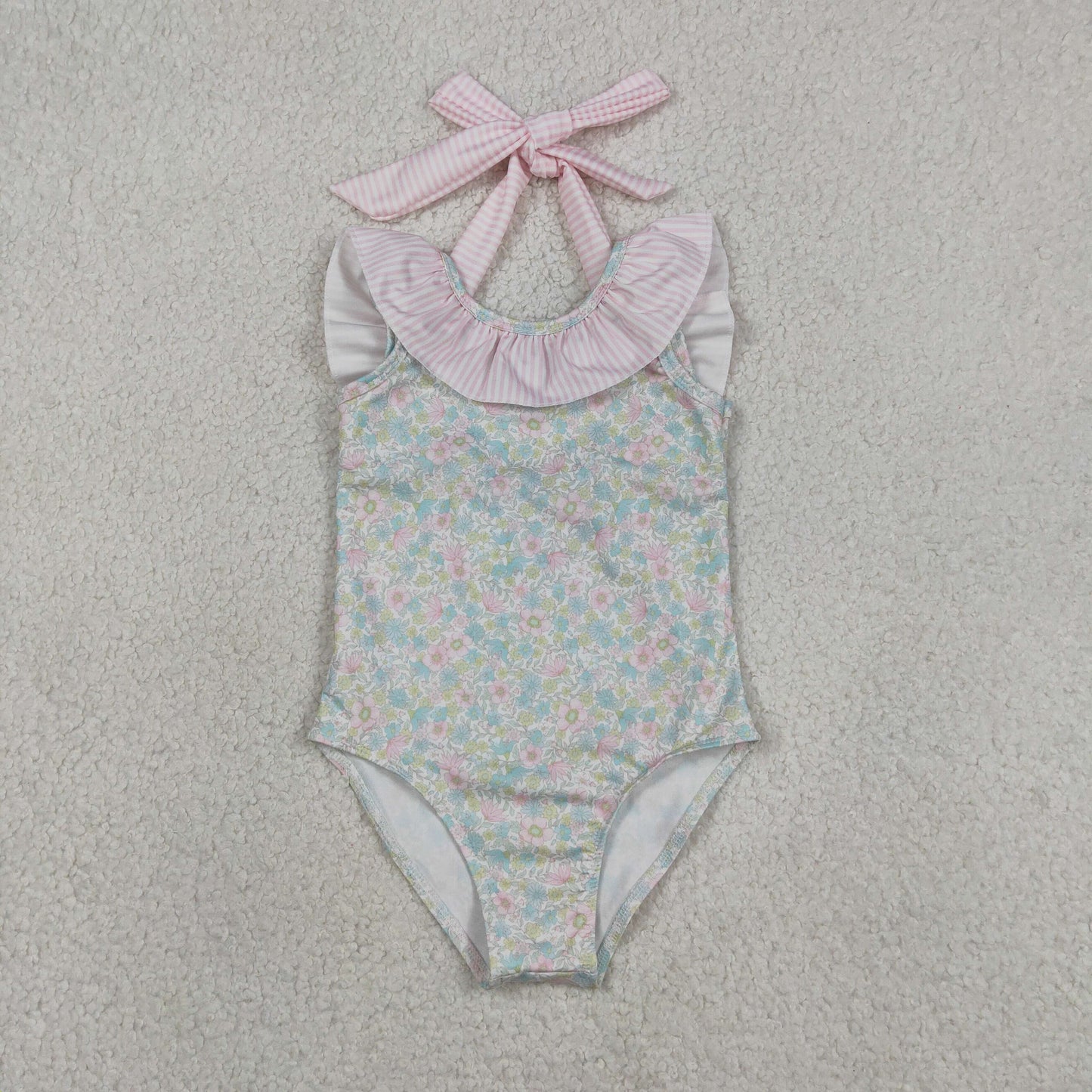S0732 RTS NO MOQ （In stock ）Sleeveless pink stripe ruffle floral girls one piece swimsuit