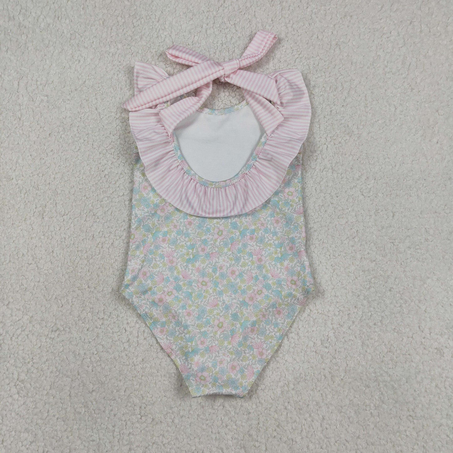 S0732 RTS NO MOQ （In stock ）Sleeveless pink stripe ruffle floral girls one piece swimsuit