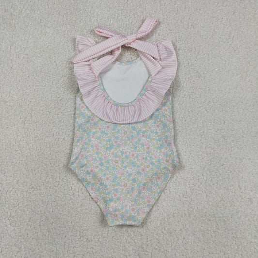 S0732 RTS NO MOQ （In stock ）Sleeveless pink stripe ruffle floral girls one piece swimsuit