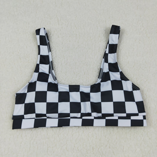 3.30 RTS NO MOQ （In stock）S0736 Black plaid adult women summer swim top