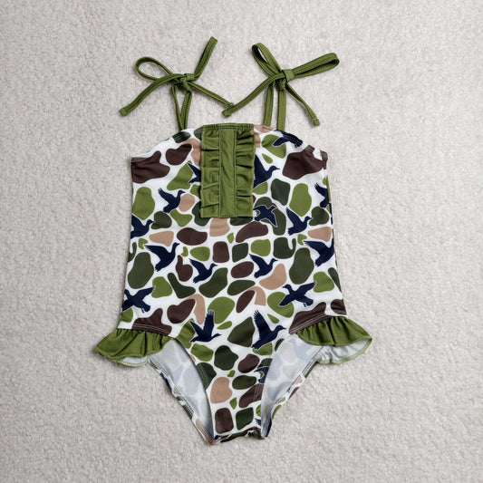 S0744 RTS NO MOQ （In stock）Baby Girls Strap Southern Green Camo Ducks Hunting Swimsuits