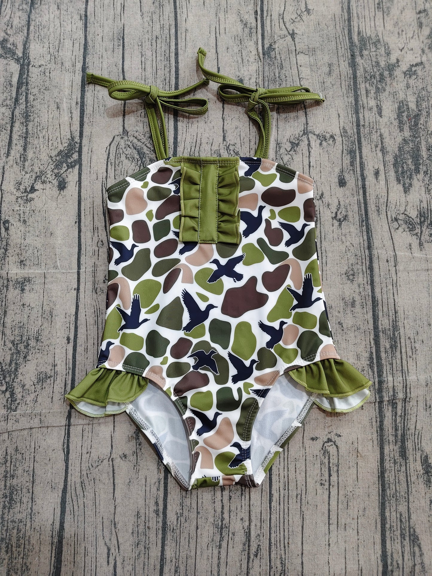 4.8 S0744 Sample No Moq Baby Girls Strap Southern Green Camo Ducks Hunting Swimsuits