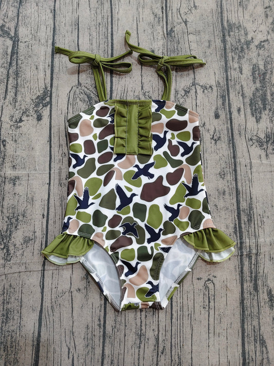 4.8 S0744 Sample No Moq Baby Girls Strap Southern Green Camo Ducks Hunting Swimsuits