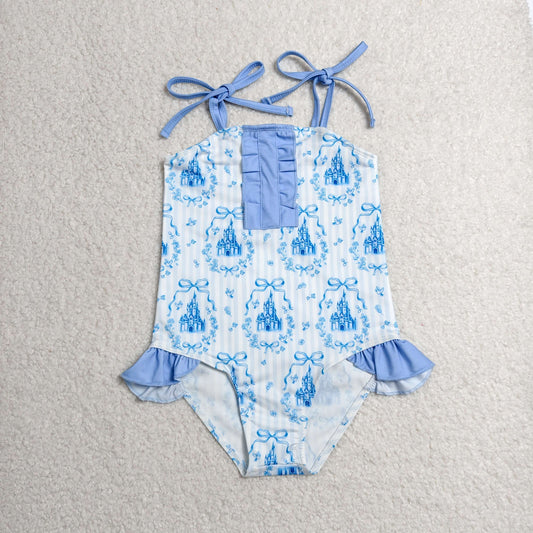 S0753 RTS NO MOQ （In stock）Baby Girls Strap Blue Stripe Bows Castles Swimsuits
