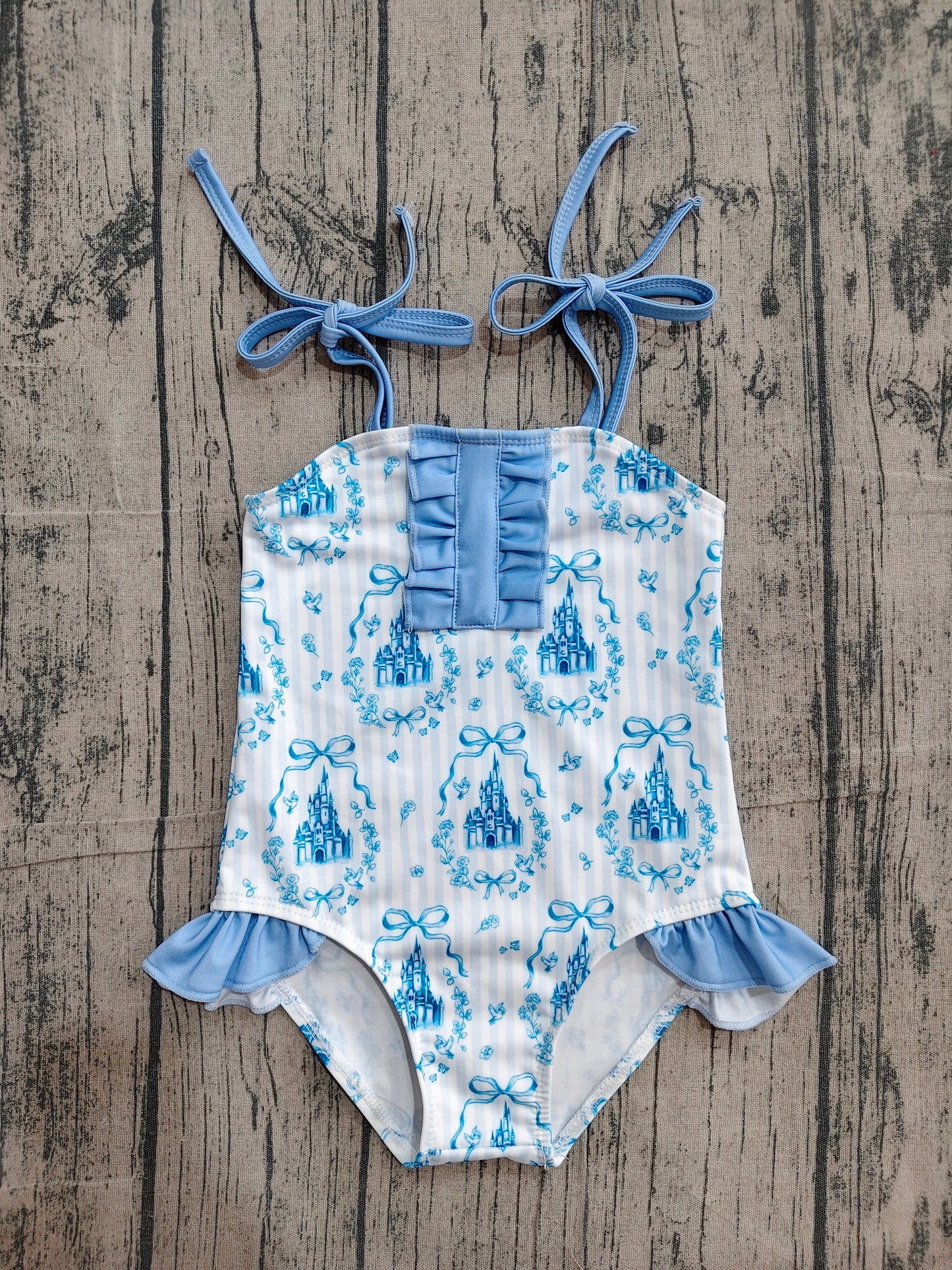 4.10 S0753 Sample No Moq Baby Girls Strap Blue Stripe Bows Castles Swimsuits