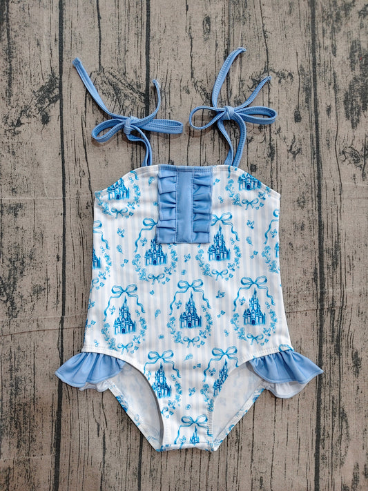 4.10 S0753 Sample No Moq Baby Girls Strap Blue Stripe Bows Castles Swimsuits