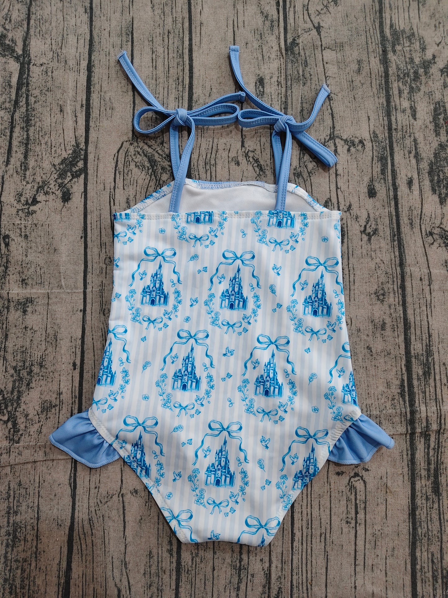 4.10 S0753 Sample No Moq Baby Girls Strap Blue Stripe Bows Castles Swimsuits