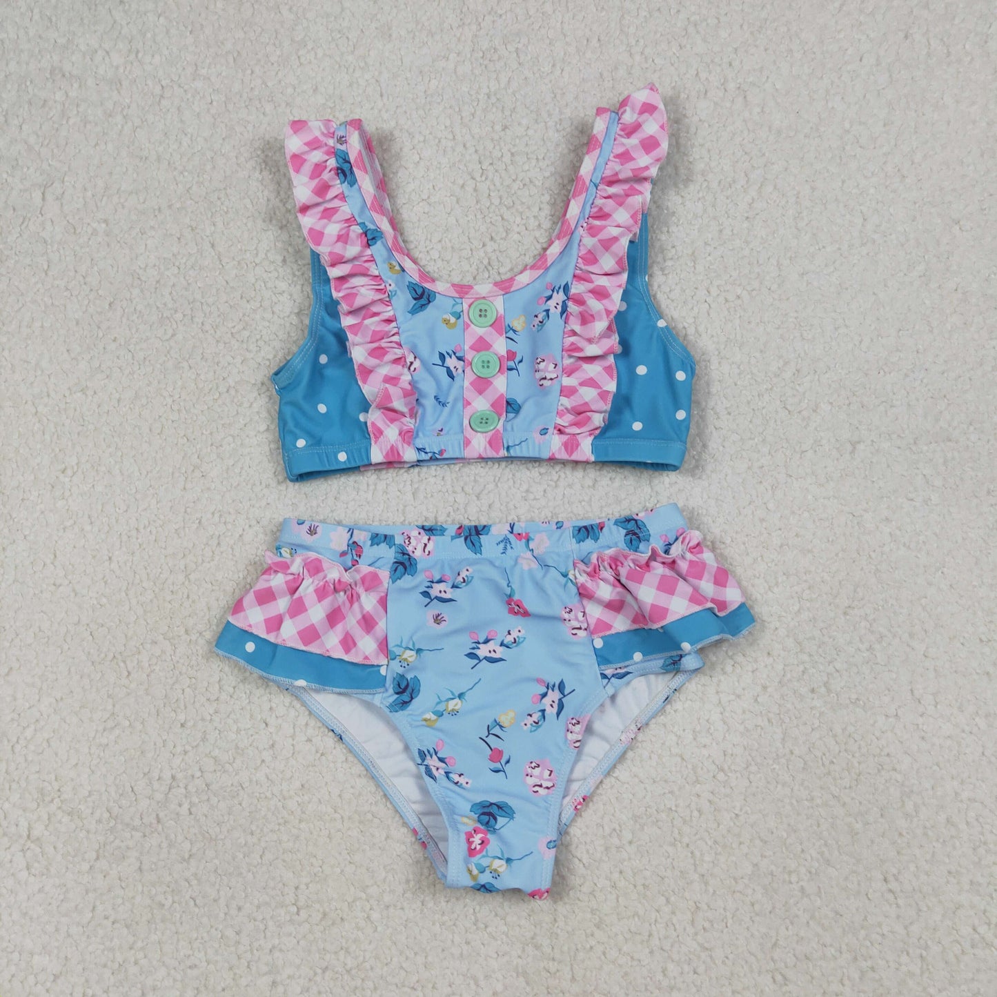 4.11 S0777 RTS NO MOQ （In stock ）Baby Girls Sleeveless Flowers Button Vest Top Bummies Short Swimsuits
