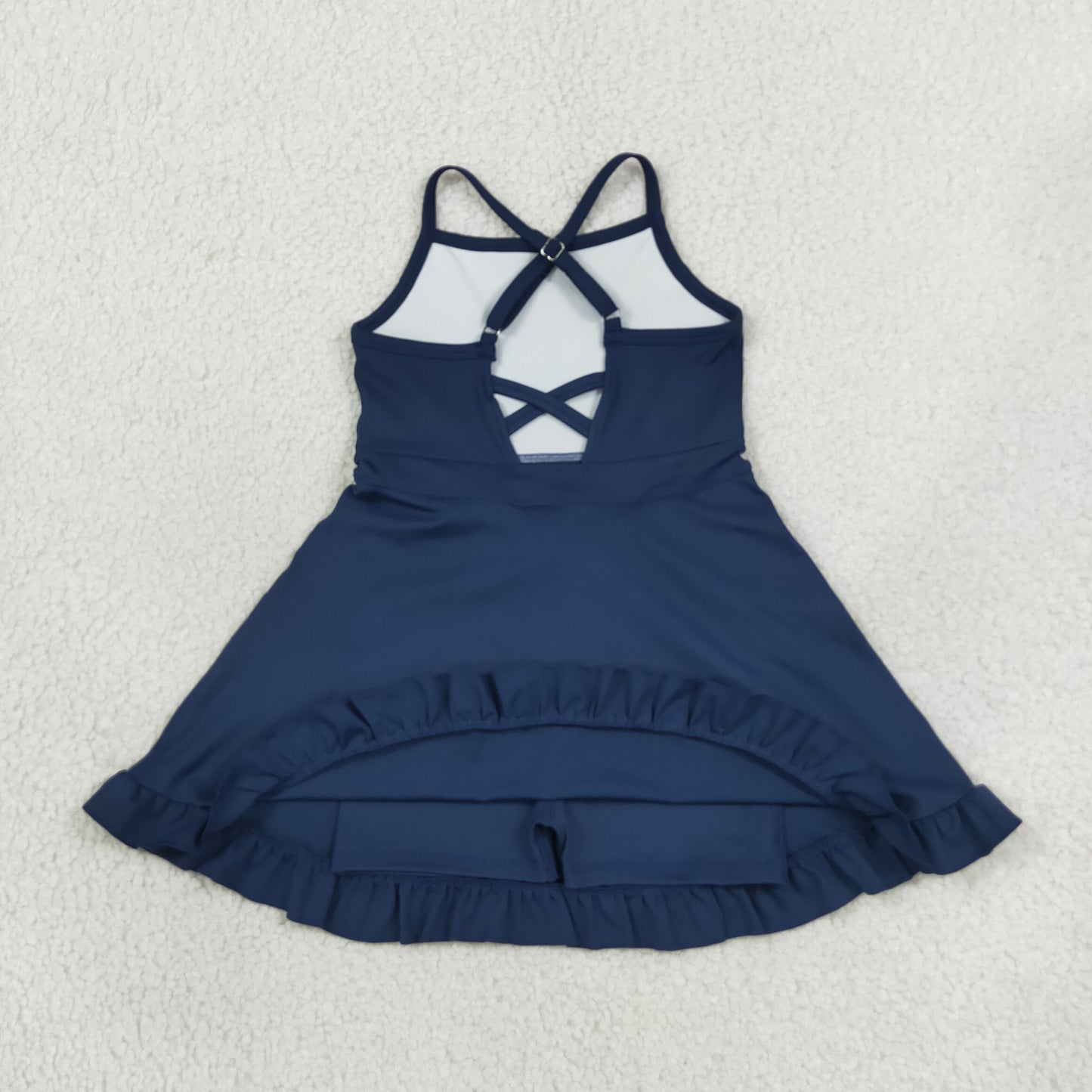 S0779 RTS NO MOQ （In stock）Navy straps ruffle baby girls athletic dress with shorts
