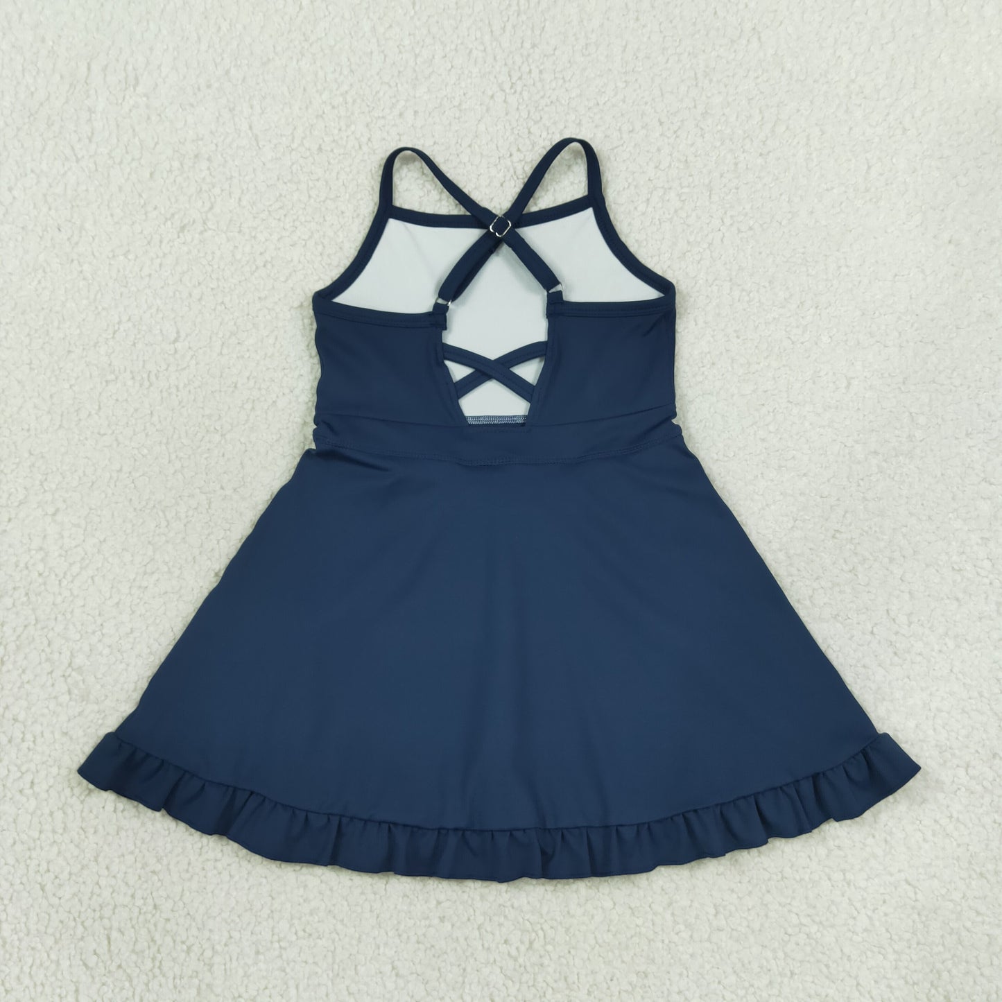S0779 RTS NO MOQ （In stock）Navy straps ruffle baby girls athletic dress with shorts