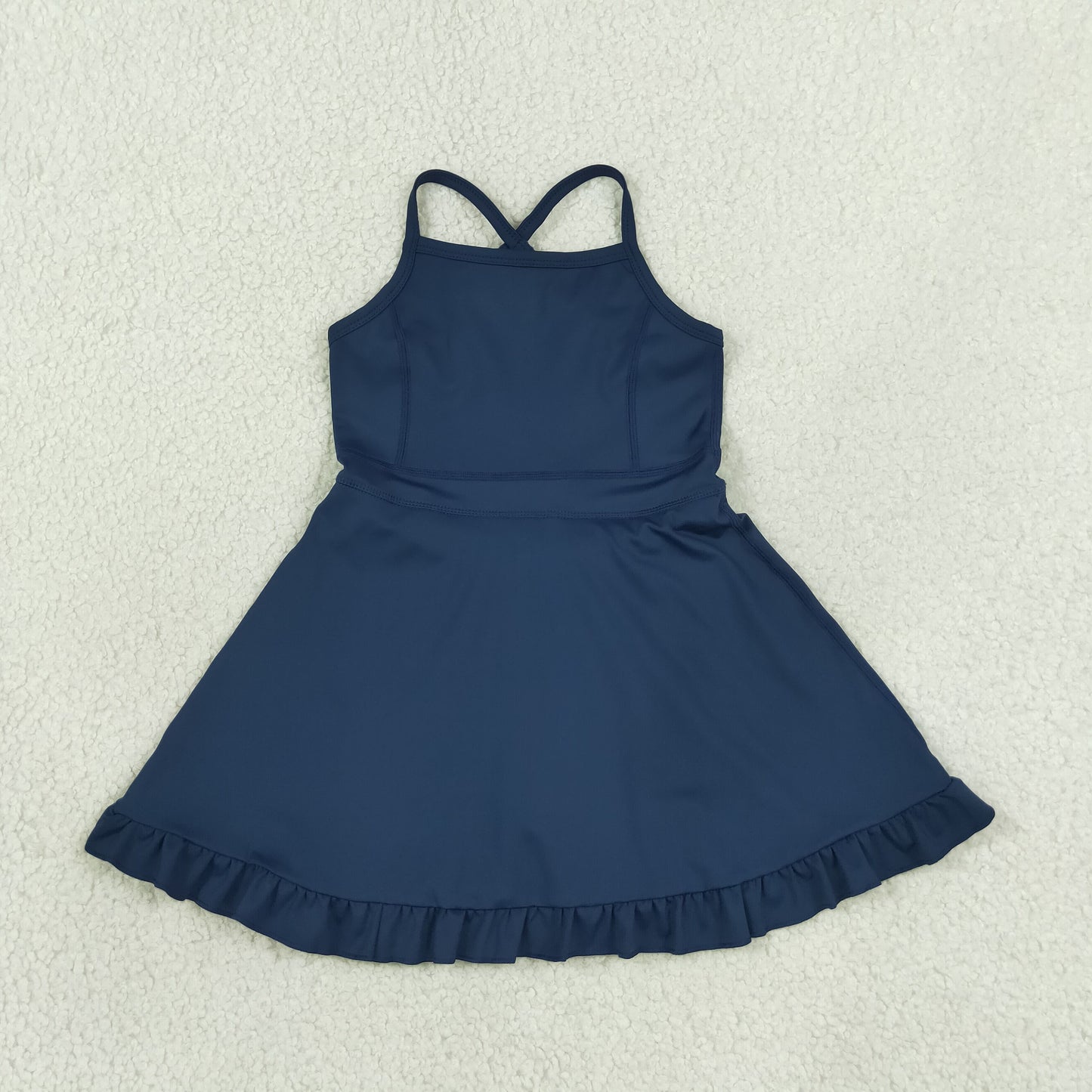 S0779 RTS NO MOQ （In stock）Navy straps ruffle baby girls athletic dress with shorts