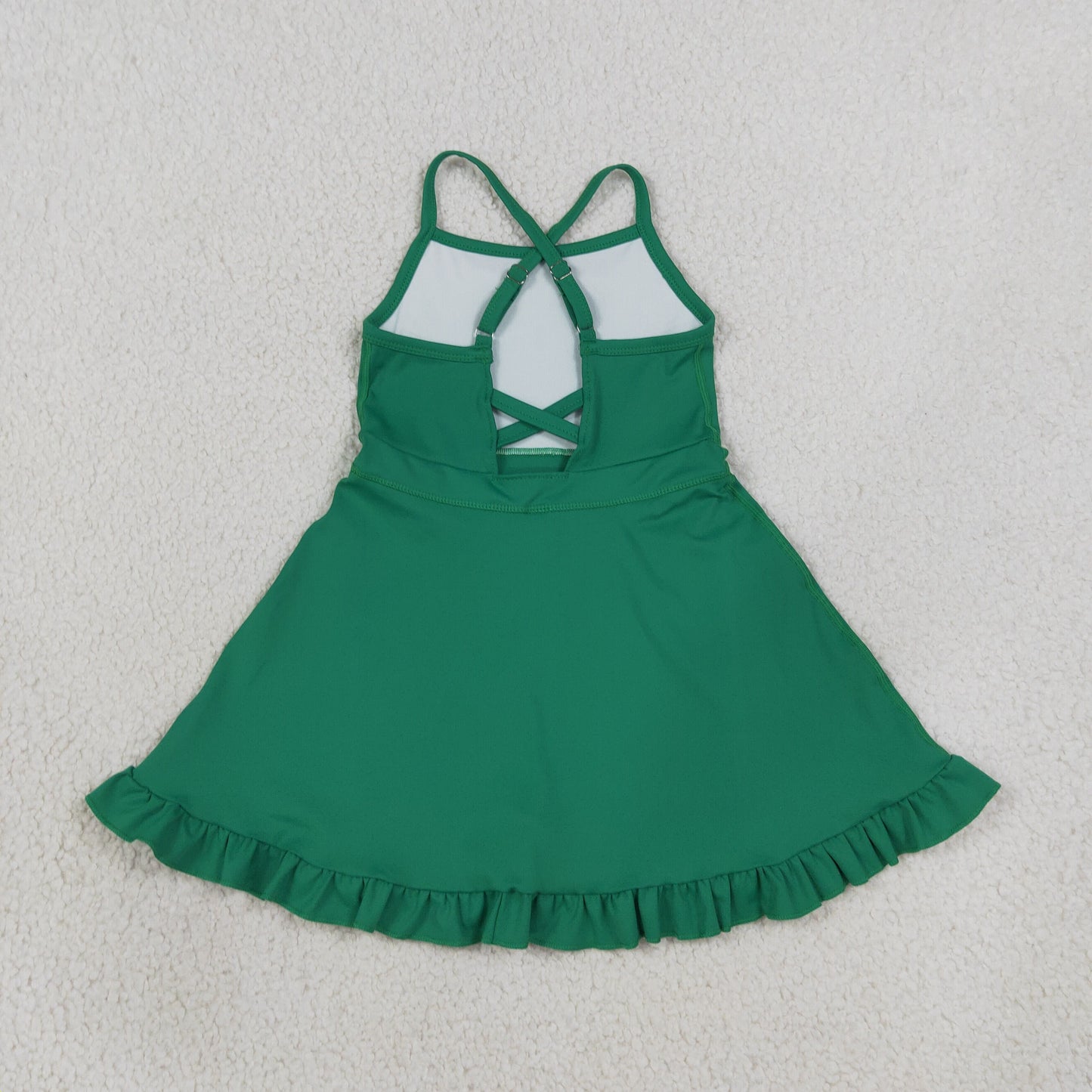 RTS NO MOQ （In stock）yoga fabric cotton S0782 Baby Girls Green Knit Knee Length Active Wear Dresses Casual Wear