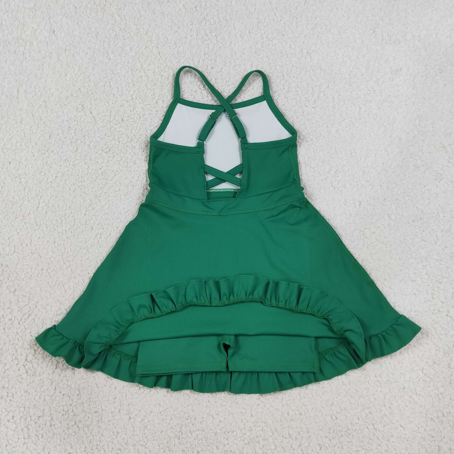 RTS NO MOQ （In stock）yoga fabric cotton S0782 Baby Girls Green Knit Knee Length Active Wear Dresses Casual Wear