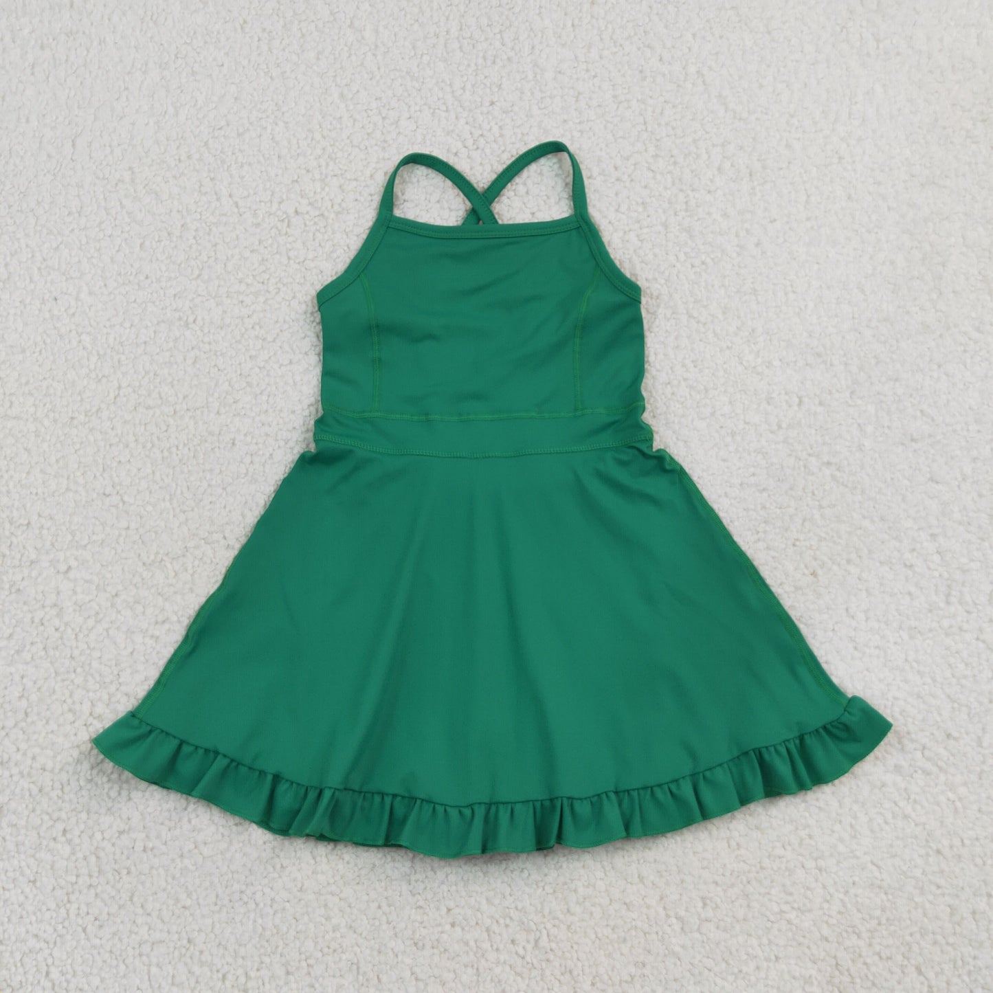 RTS NO MOQ （In stock）yoga fabric cotton S0782 Baby Girls Green Knit Knee Length Active Wear Dresses Casual Wear