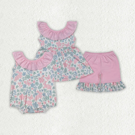 12.9 RTS Sibling Baby Girls Pink Easter Rabbits Rompers Outfits Sets
