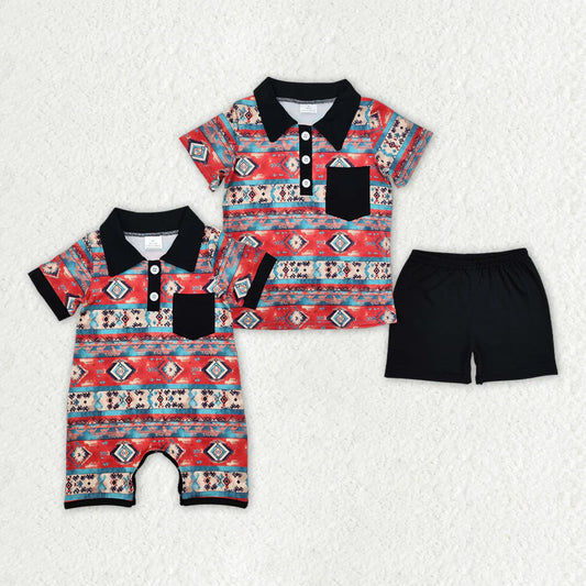 12.29 RTS Sibling Baby Boys Western Aztec Black Rompers Clothes Sets