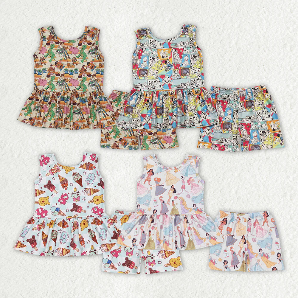 12.24 RTS Sibling Baby Girls Cartoon Sleeveless Tunic Shorts Clothes Sets
