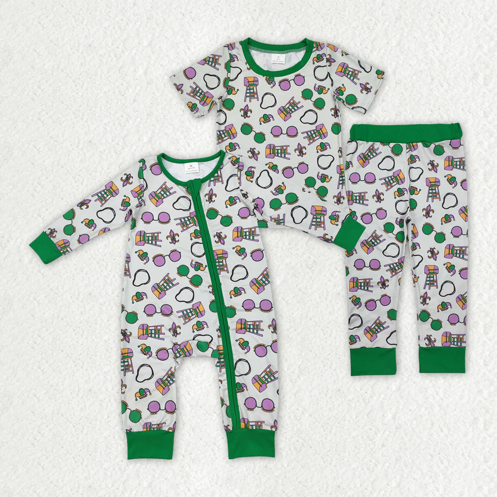 1.19 RTS Sibling Baby Boys Green Mardi Gras Rompers Pajamas