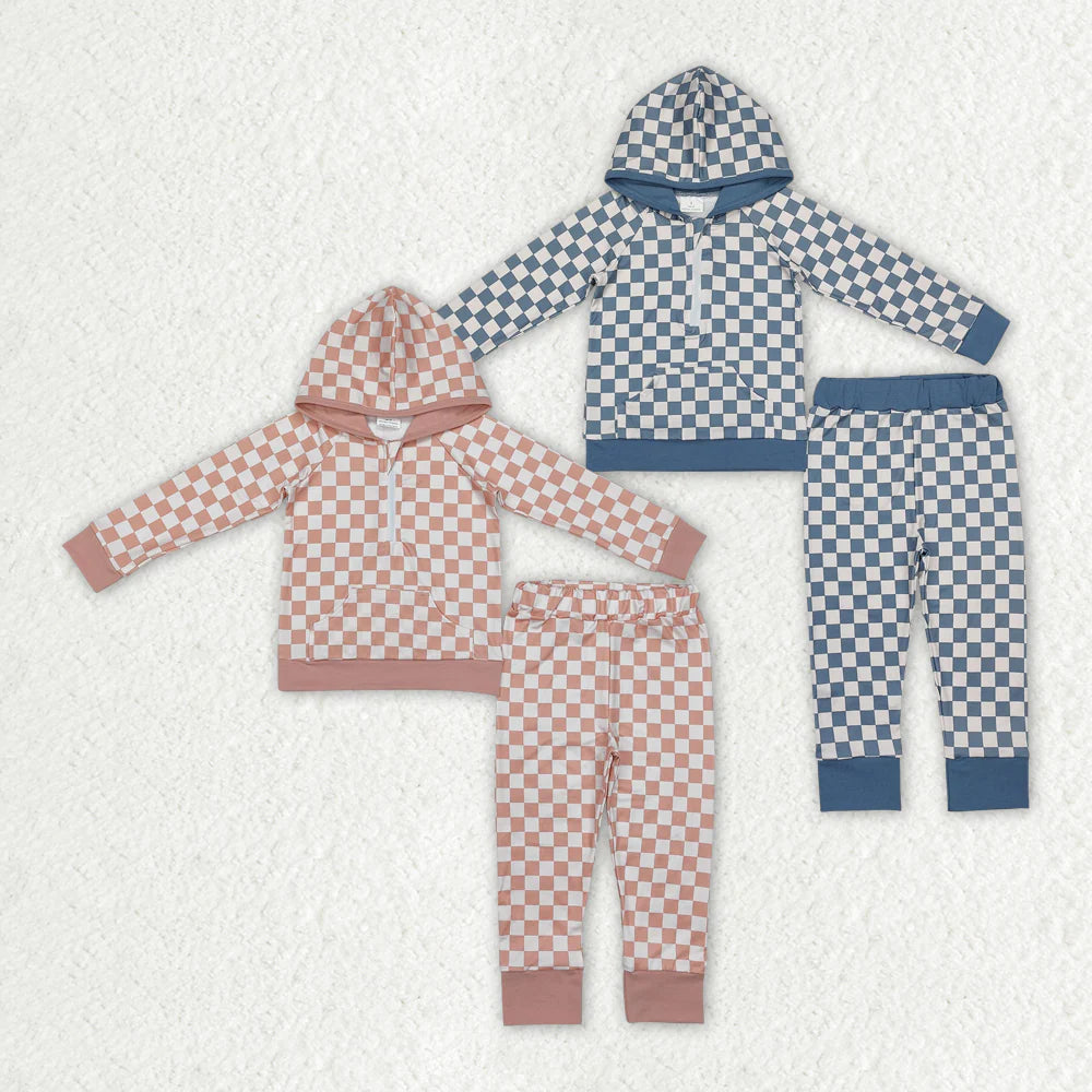 1.17 RTS Sibling Boys Baby Girls Checkered Zip Hooded Top Pants Clothes Sets