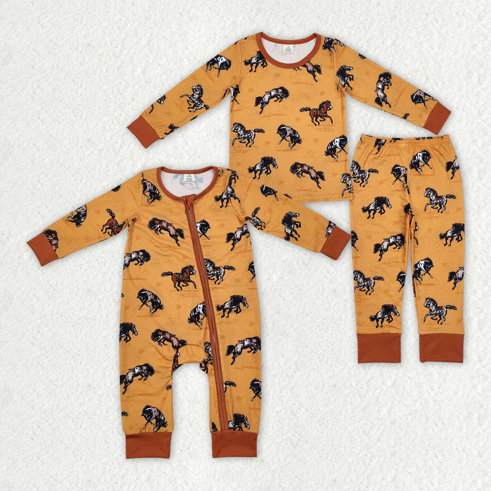 2.6 RTS Sibling Brother Baby Boys Western Horse Bamboo Rompers Pajamas