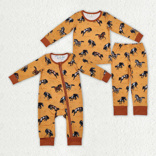 2.6 RTS Sibling Brother Baby Boys Western Horse Bamboo Rompers Pajamas