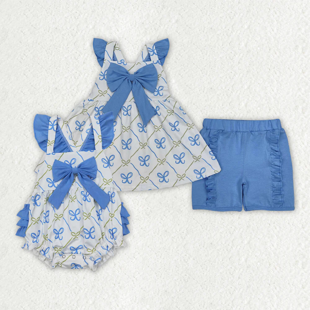 12.5 RTS Sibling Baby Girls Blue Bows Rompers Outfits Sets
