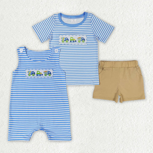 12.8 RTS Sibling Embroidery Baby Boys Constructions Rompers Summer Outfits Sets