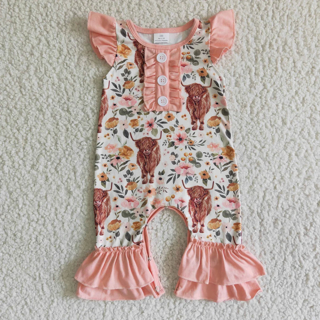 1.13 RTS Sibling Baby Girls Western Highland Cow Romper