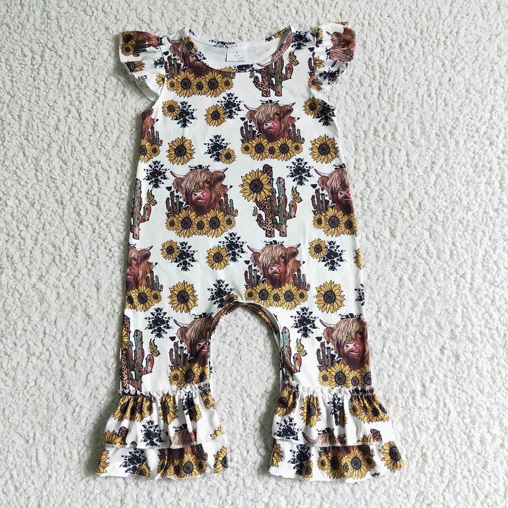 1.13 RTS Sibling Baby Girls Western Highland Cow Romper
